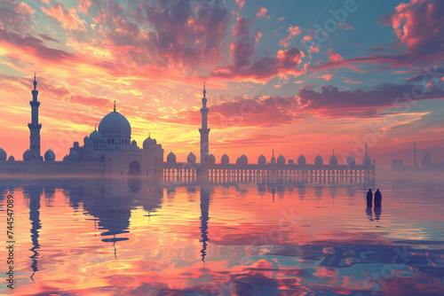 artistic rendering of a peaceful mosque scene with figures in the distance reflecting the communal aspect of faith set against a vibrant sunset sky offering copy space on the sides for text