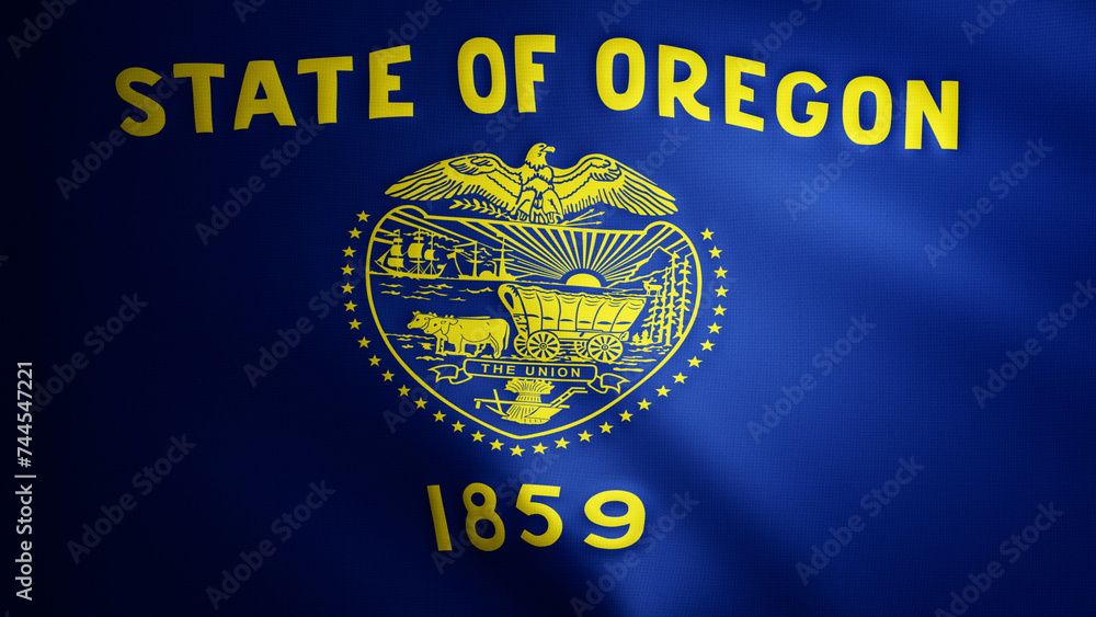 Naklejka premium Oregon flag with fabric texture that moves in the wind. Smooth movement of the waving flag in a perfect loop. Blue, yellow, freedom, country, nation, USA state.