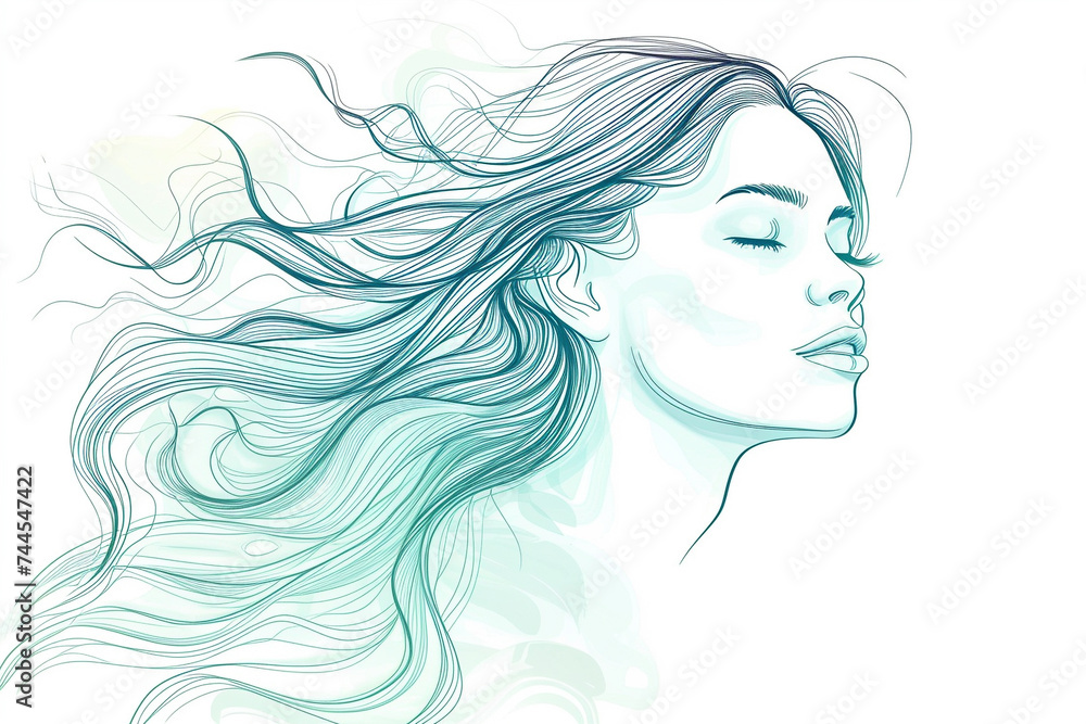 stylized drawing of a serene moment of hair care focusing on the flowing movement of the hair and water using soft colors to convey a sense of calm and beauty stylized drawing of a serene moment of hair care focusing on the flowing movement of the hair and water using soft colors to convey a sense of calm and beauty