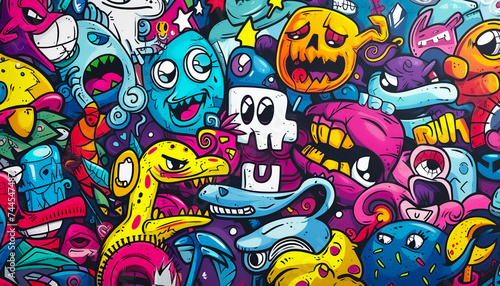 stylized illustration of a whimsical street art background featuring cartoonish characters surreal landscapes and pop culture references all merging into a captivating wall of art