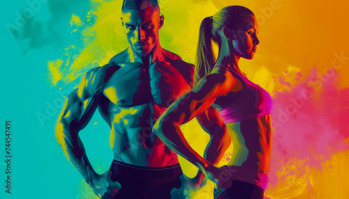 stylized illustration of an idealized depiction of male and female athletes with exaggerated abdominal muscles using vibrant colors and dynamic poses to celebrate human strength and endurance