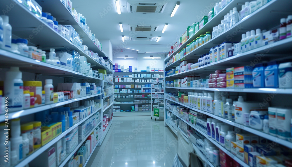Photo of a pharmacy with shelves, medicines