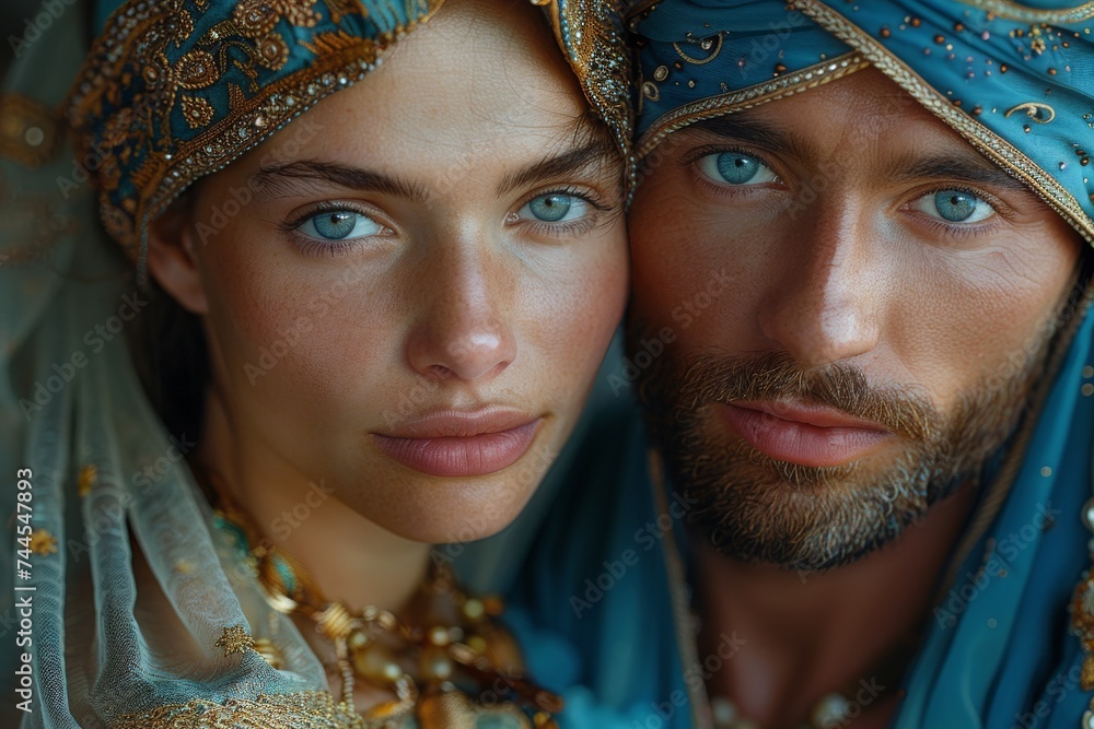 Man and Woman Dressed in Blue and Gold