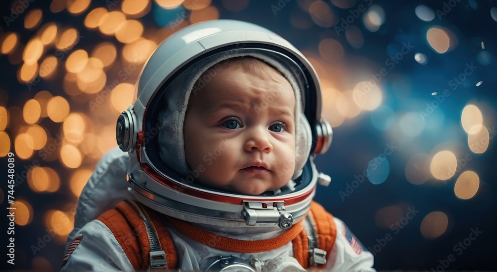Portrait of Baby astronout, wearing astronout form and helms Portrait of Baby astronout, wearing astronout form and helms
