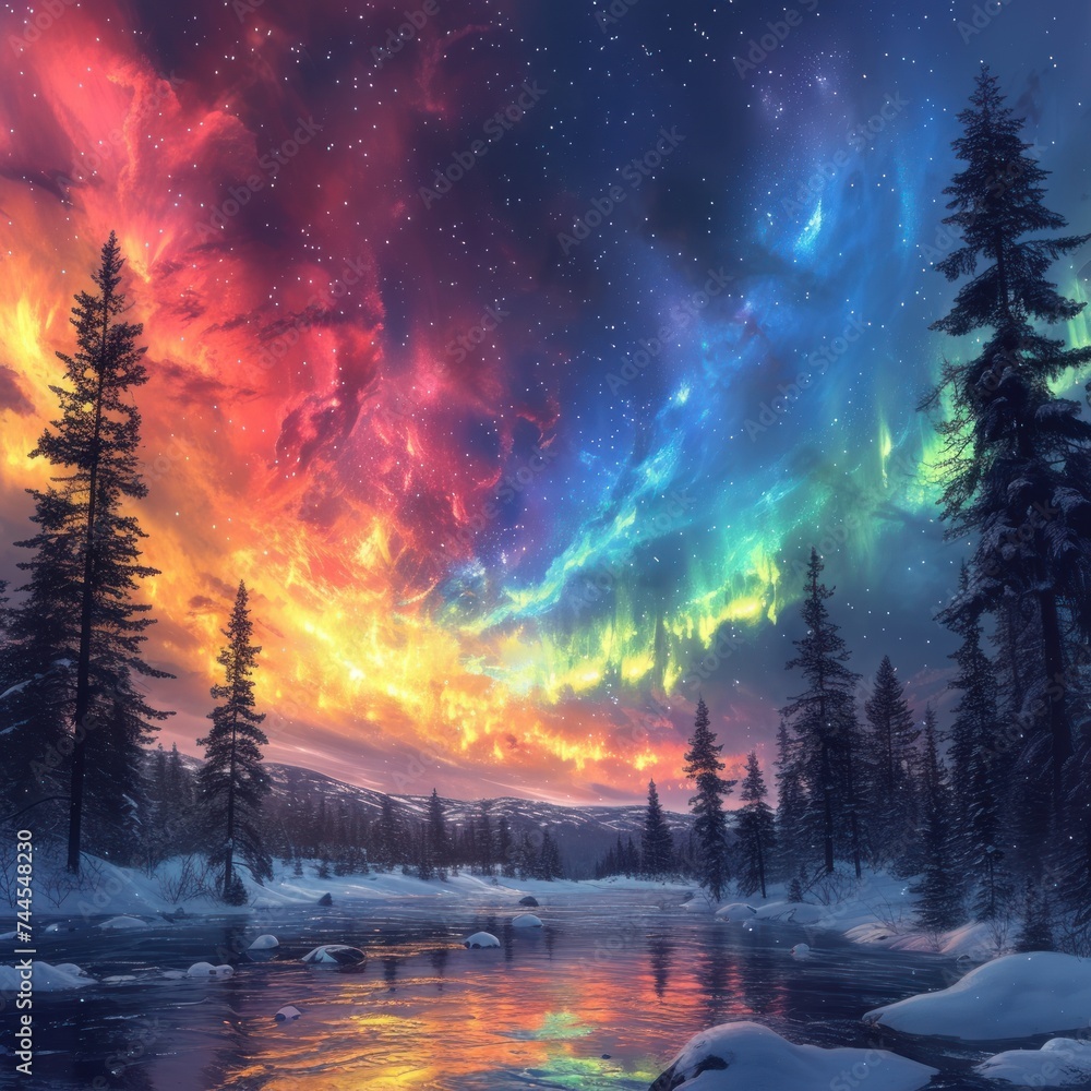 The beauty of the imaginative art of the aurora dancing on the coast at night and the sky above the trees is full of color and fantasy. good for inspiration, websites, business etc. Generative Ai