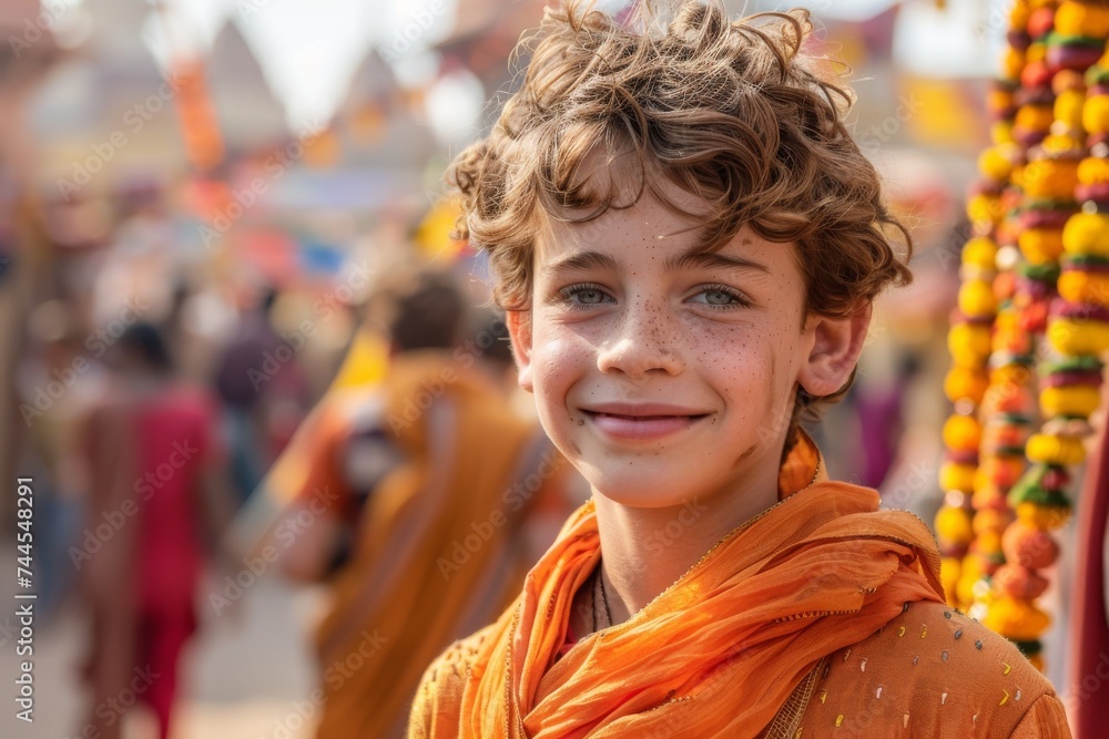 Young Boy Wearing Orange Shawl Smiles at Camera