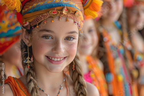Group of Young Girls Wearing Colorful Headdresses