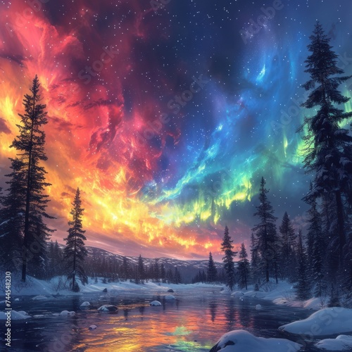 The beauty of the imaginative art of the aurora dancing on the coast at night and the sky above the trees is full of color and fantasy. good for inspiration, websites, business etc. Generative Ai © callmeers