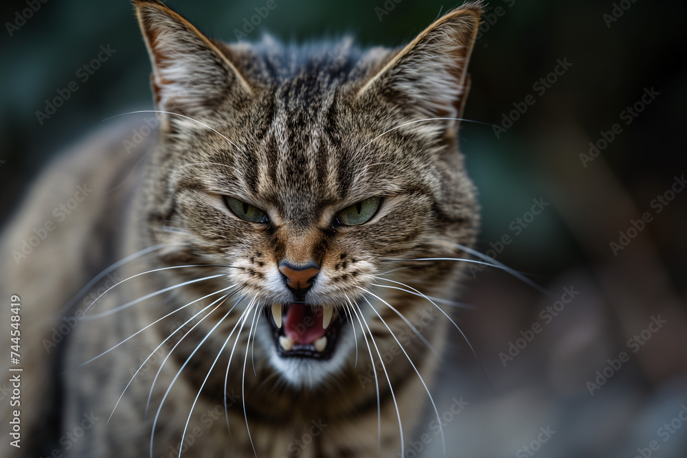 Angry cat closeup. The cat growls.