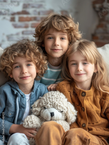 Three Children Sitting on a Couch With a Stuffed Animal