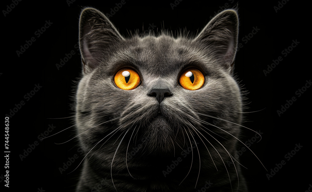 Nice british cat is isolated on a black background.