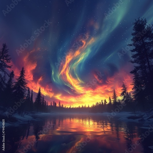 The beauty of the imaginative art of the aurora dancing on the coast at night and the sky above the trees is full of color and fantasy. good for inspiration, websites, business etc. Generative Ai