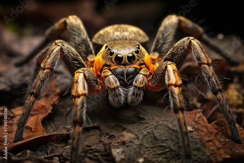 A detailed macro shot of a golden-eyed wolf spider on a stone surface