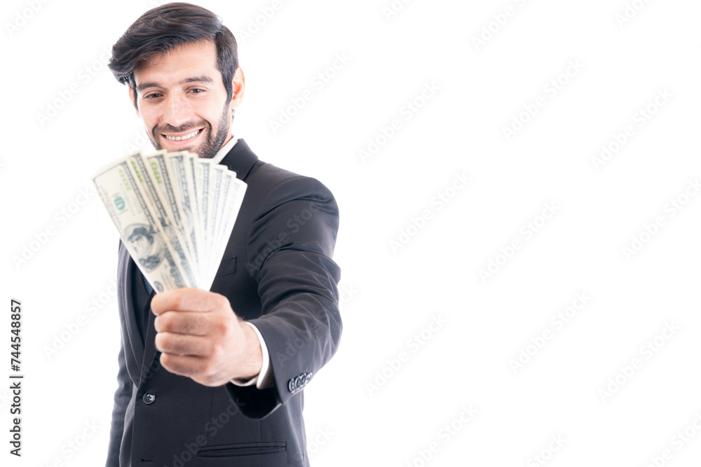 A cheerful businessman in a black suit presents a fan of dollar bills, symbolizing financial success and wealth.
A cheerful businessman in a black suit presents a fan of dollar bills, symbolizing financial success and wealth.
