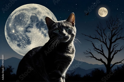 Feline Silhouette Against the Night  A Cat   s Tranquil Gaze at the Moon  generative AI