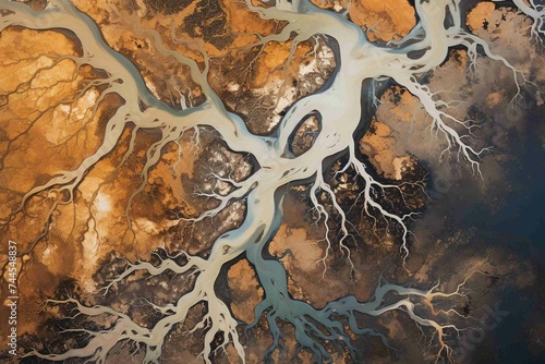 Abstract aerial view of a complex river delta, highlighting earth tones