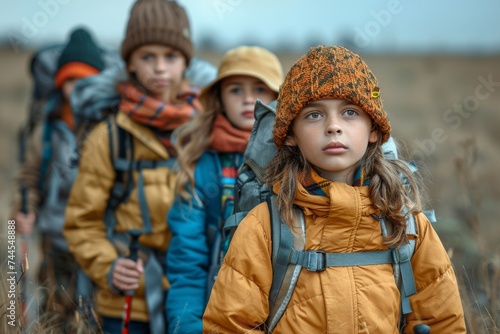 Group of Young Children Walking Through Field