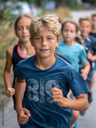 Group of Young Children Running Down a Street