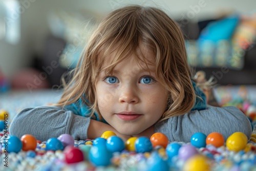 Little Girl Laying on Top of a Pile of Candy