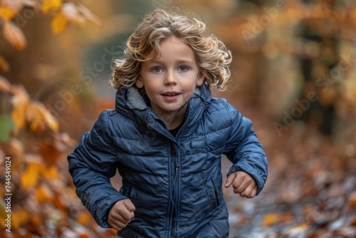 Young Boy Running Through Forest in Fall