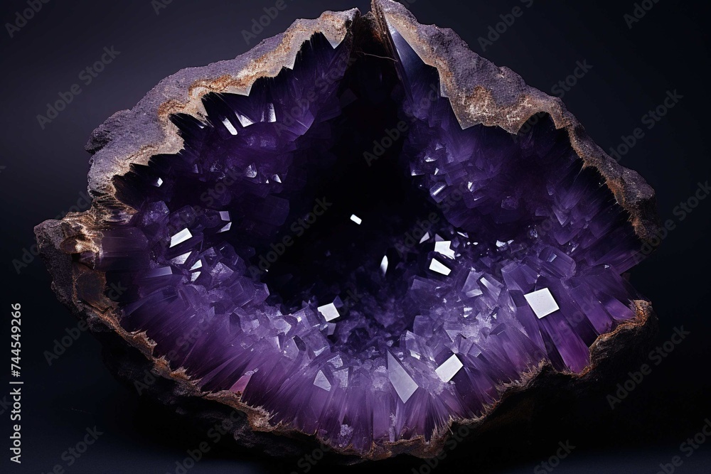 Obraz premium Amethyst geode half opened, revealing deep purple crystals