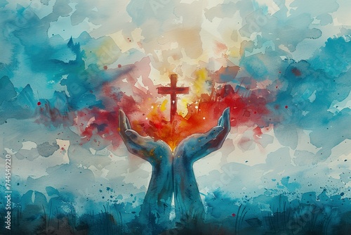 Watercolor illustration of hands with a cross in the sky and clouds photo