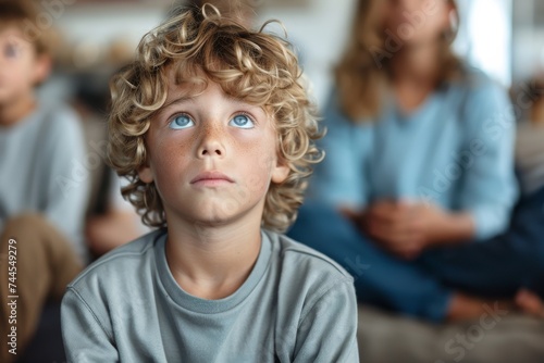 Young Boy With Blue Eyes Sitting on a Couch