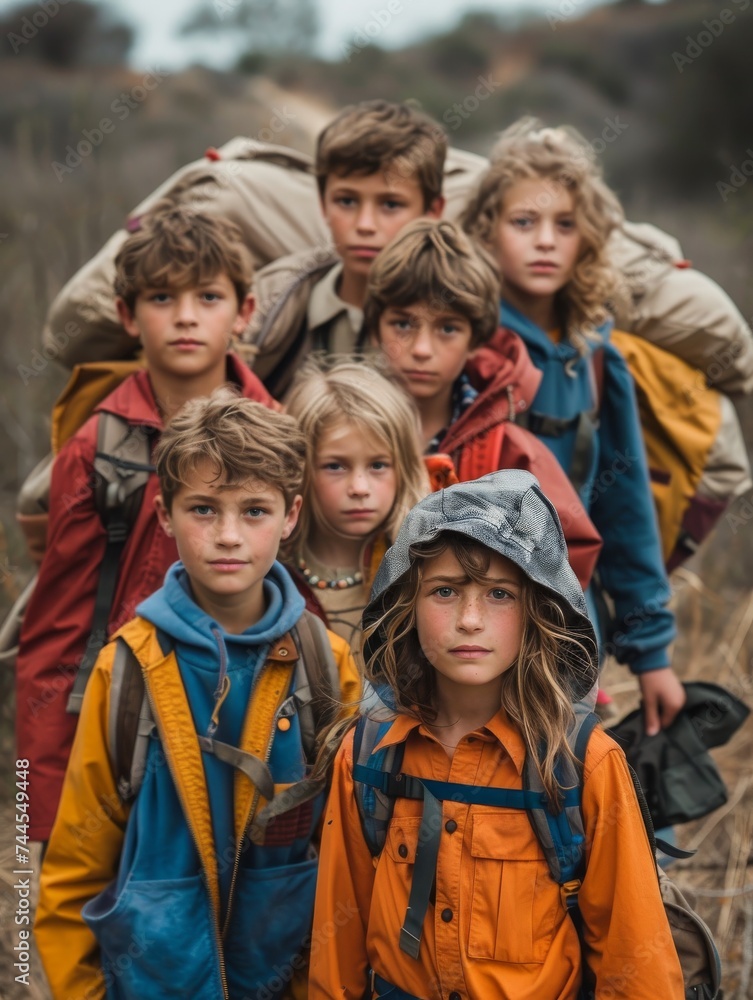 Group of Children With Backpacks Standing in a Field Group of Children With Backpacks Standing in a Field