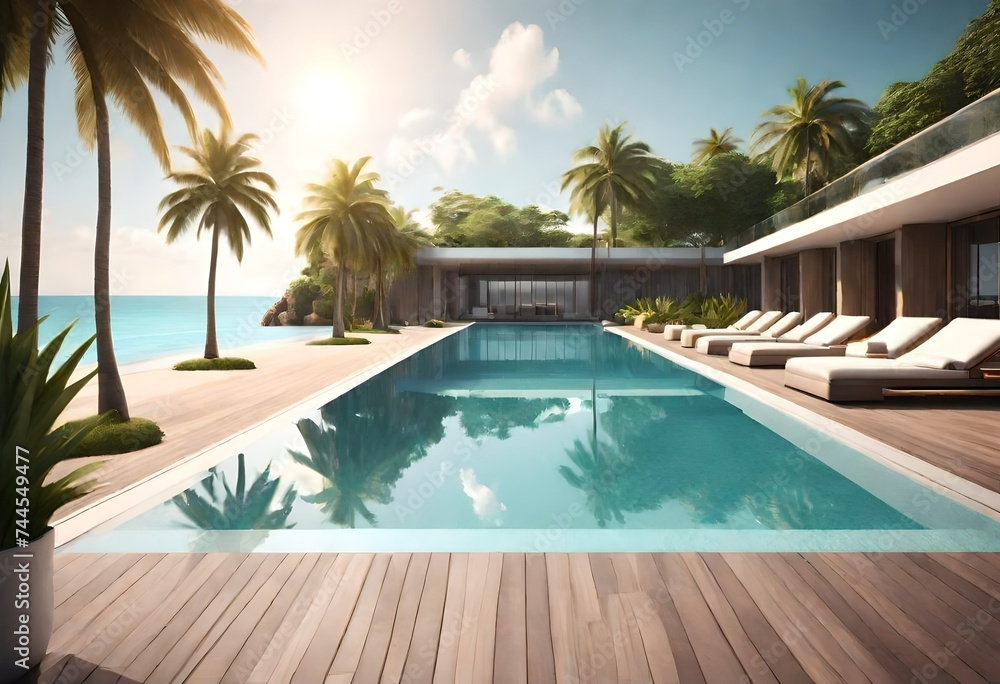 Luxurious beachfront resort swimming pool with tropical landscape. AI generated - obrazy, fototapety, plakaty 