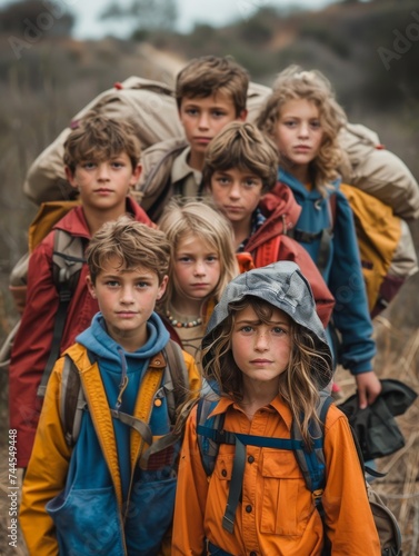 Group of Children With Backpacks Standing in a Field