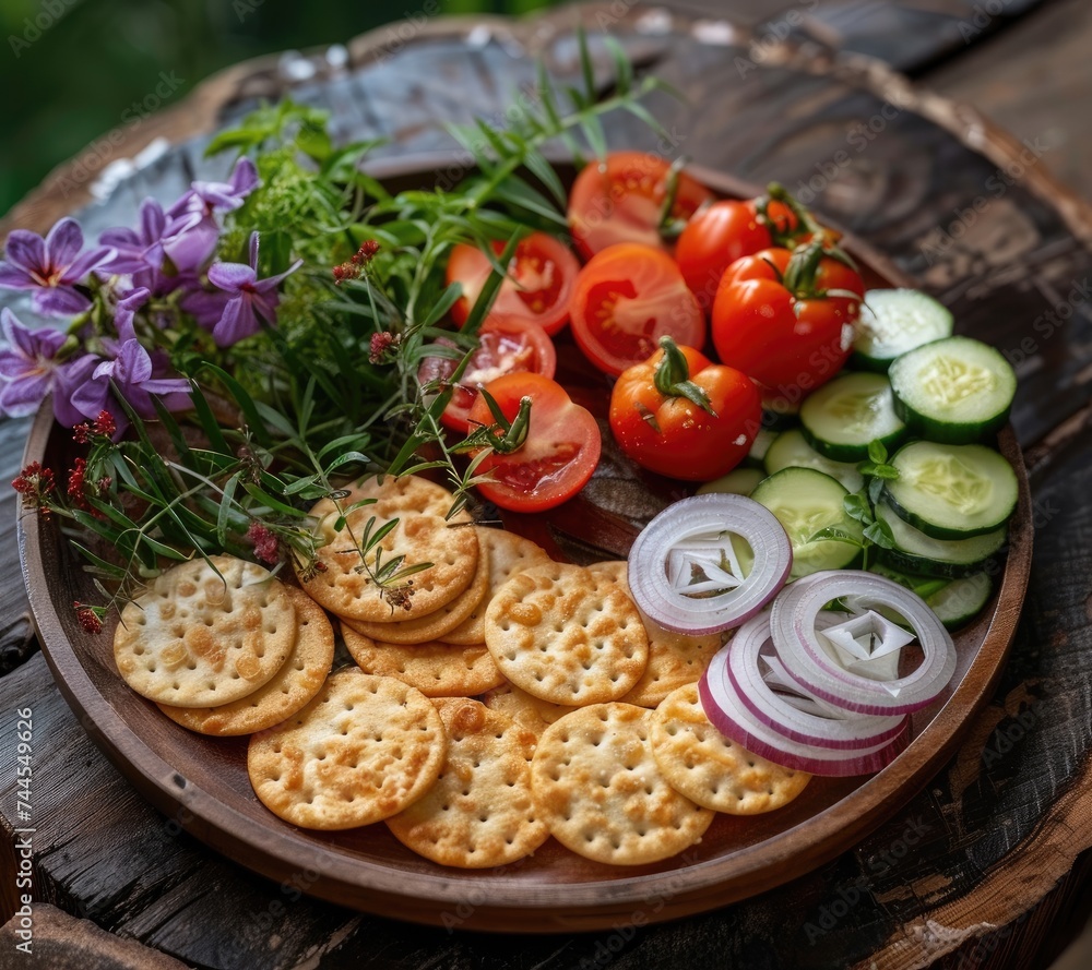 Fresh Vegetable and Cracker Platter with Rustic Wooden Background, appetizer with crackers, tomatoes, cucumbers, onion, in the style of eco-friendly craftsmanship