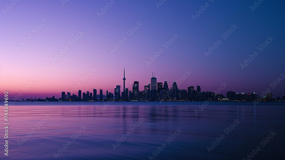 A city skyline silhouette against the twilight hues.