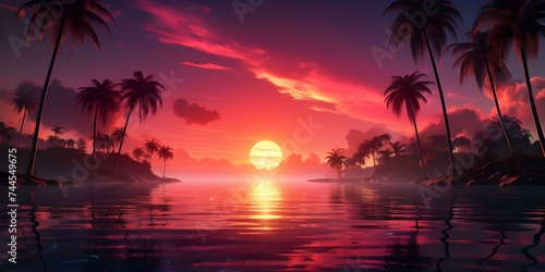 Aesthetic retro vibe with neon palms and sunset in vaporwave style. Concept Vaporwave Aesthetics, Retro Vibes, Neon Palms, Sunset Silhouettes, Aesthetic Photography