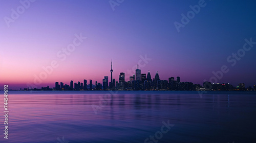 A city skyline silhouette against the twilight hues.