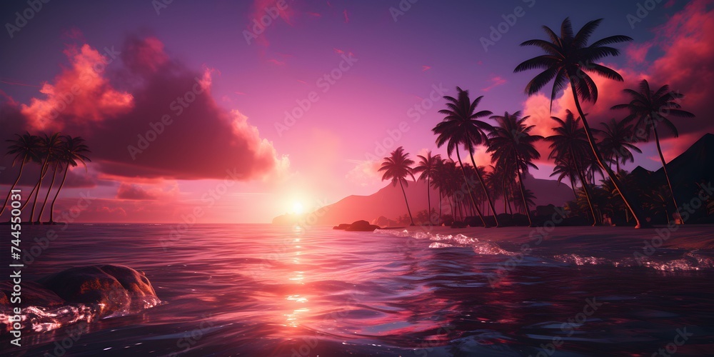 Enhancing the aesthetic retro vibe with neon palms and a sunset in vaporwave style. Concept Retro Style, Neon Palms, Sunset, Vaporwave Aesthetic