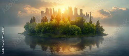 a city in a little island with green trees, sunrise over the lake © andreac77