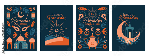 Happy Ramadan. Ramadan Kareem. Set of islamic cards, banners, templates with greeting, vector modern illustrations of mosque, crescent, lantern, lamp, plants, moon, floral ornament on dark background.