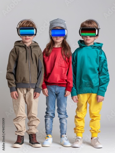 Three Children Wearing 3D Glasses Standing Together
