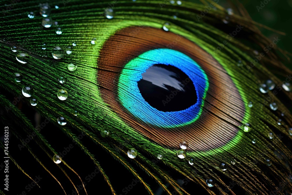 Naklejka premium Close-up of a peacock feather showing its eye with raindrops on it