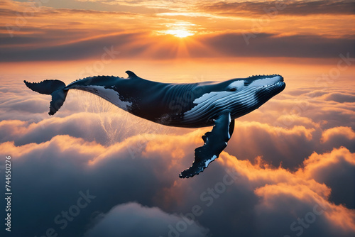 Abstract humpback whale swimming in the clouds, sunset light
