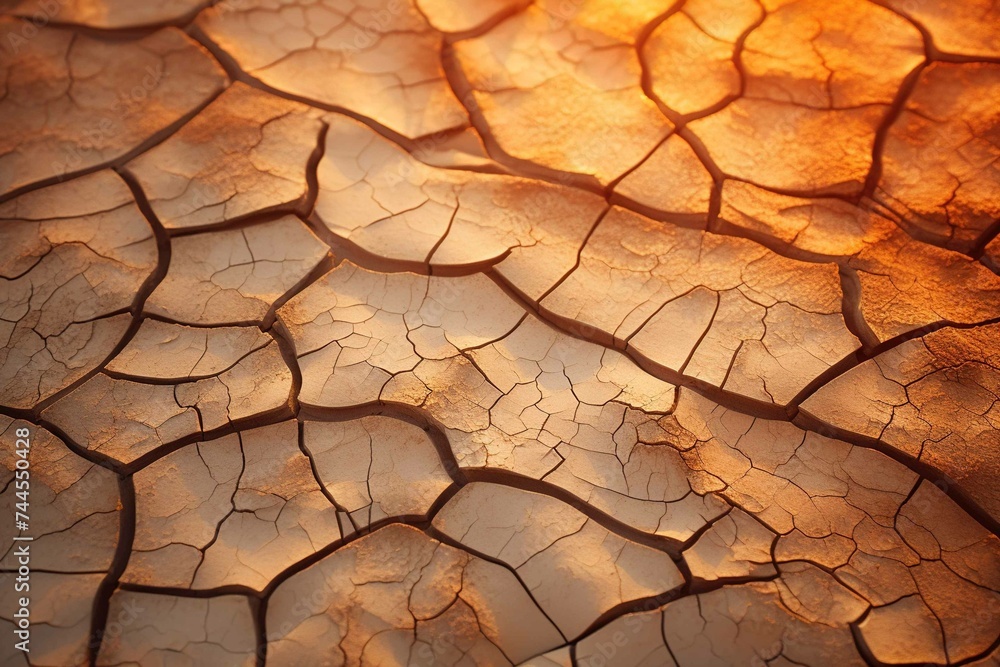 Close-up of cracked desert earth illuminated by a golden sunset