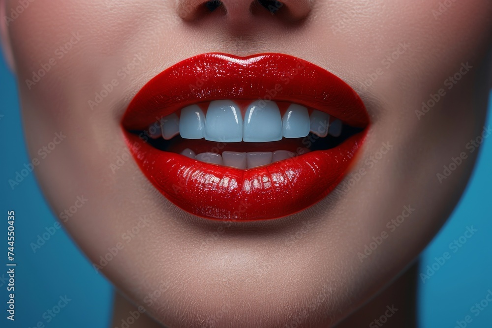 Obraz premium Close-Up of Womans Mouth With Red Lipstick