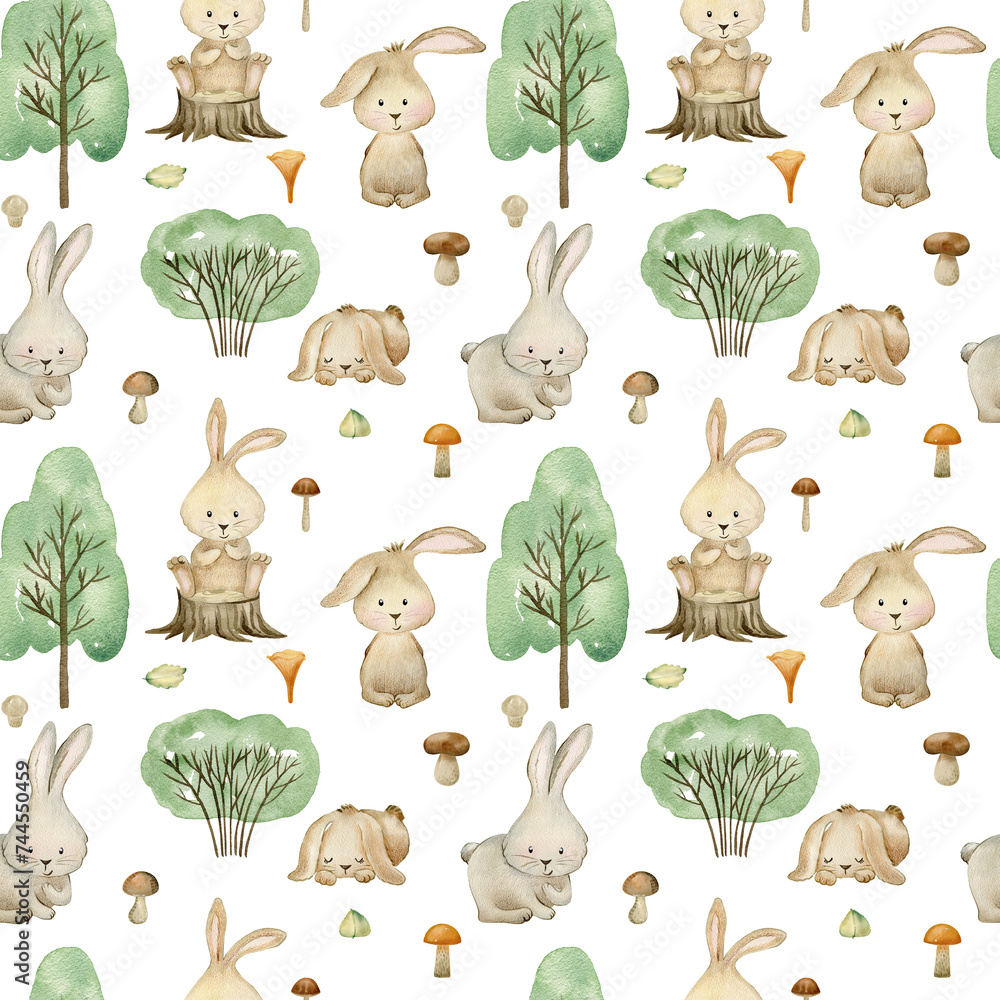 Fototapeta premium Watercolor cute seamless pattern with bunnies. Hand drawn illustration for fabric, wrapping paper, etc.