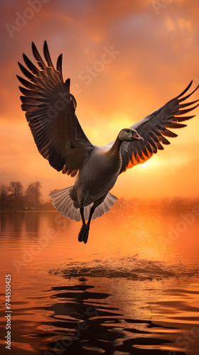 Captivating Mid-Air Motion Capture of Goose Against a Picturesque Pastel Sky – Nature's Wonders Illuminated by the Setting Sun