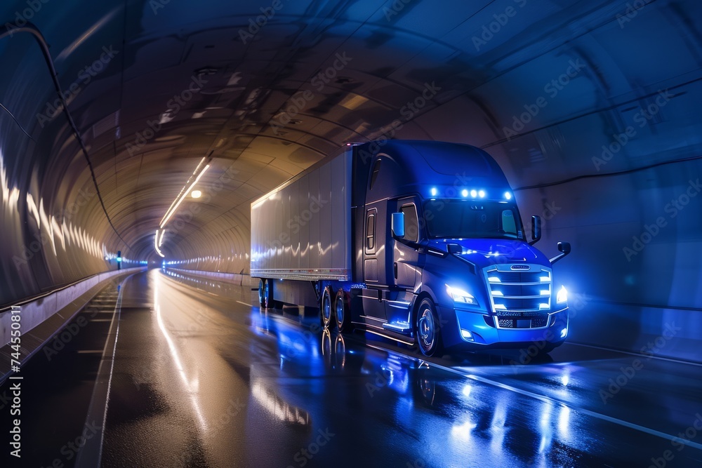 A sleek blue semi truck driving through a tunnel, lights reflecting on the wet road. A sleek blue semi truck driving through a tunnel, lights reflecting on the wet road.