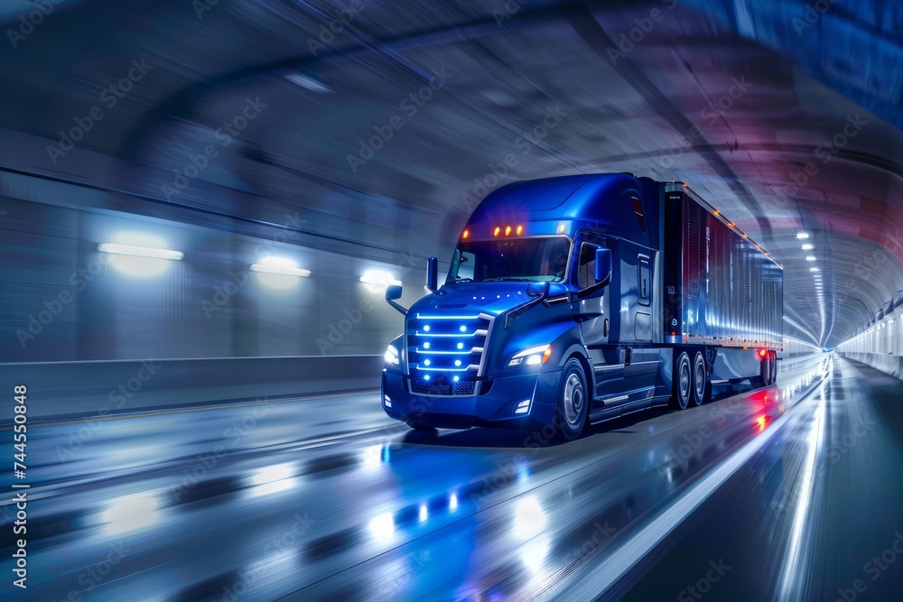 A sleek blue semi truck driving through a tunnel, lights reflecting on the wet road.