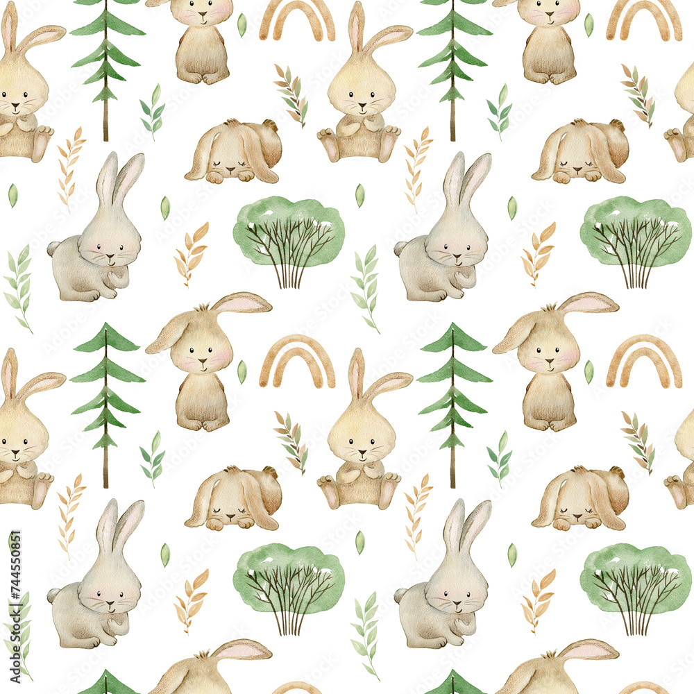 Obraz premium Watercolor seamless pattern with cute bunnies. Hand drawn illustration for fabric, wrapping paper, etc.