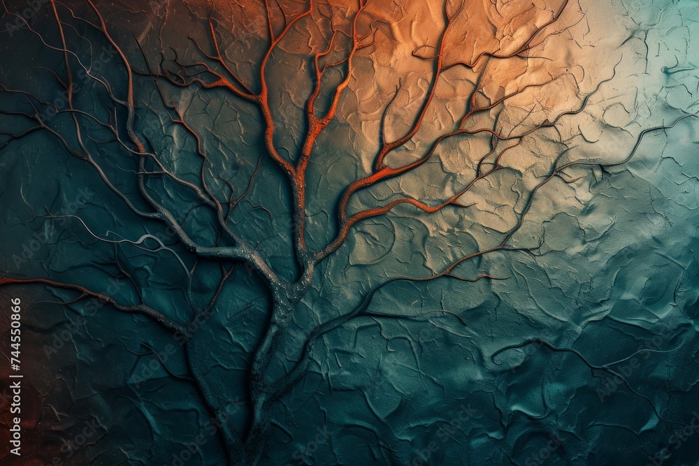 Textured background resembling a tree with branching veins, warm tones at the top fading into cool tones.