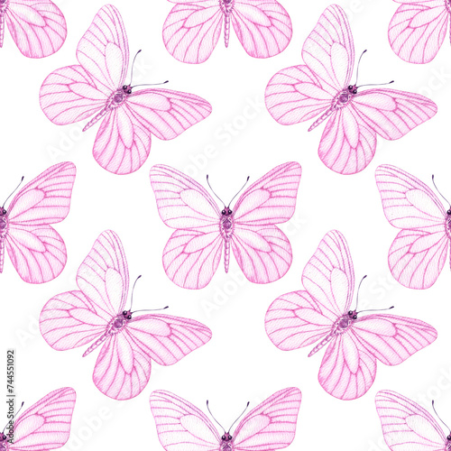 Watercolour Butterflies with pink wings illustration seamless pattern. Hand-painted elements insect. Hand drawn delicate insects. On white background. For decoration, postcard, fabric, wrapping paper