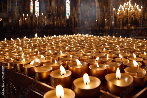 Praying wax candles in orthodox church or temple for ceremony easter. Close up burning candles easter burn in orthodox temples. Concept of church backgrounds for creativity. Copy ad text space